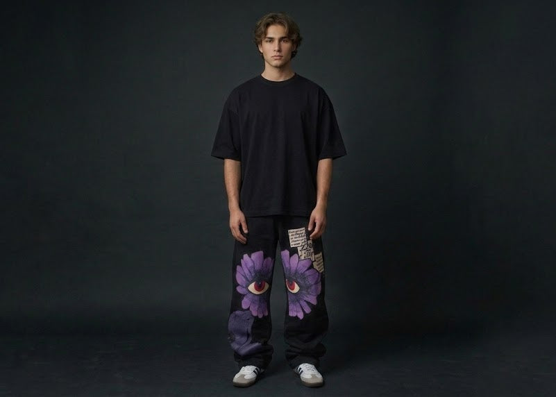 "Surreal Vision" Graphic Wide-Leg Relaxed Pants in Washed Black
