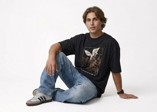 "Twin Cranes" Heavyweight Boxy Tee in Jet Black