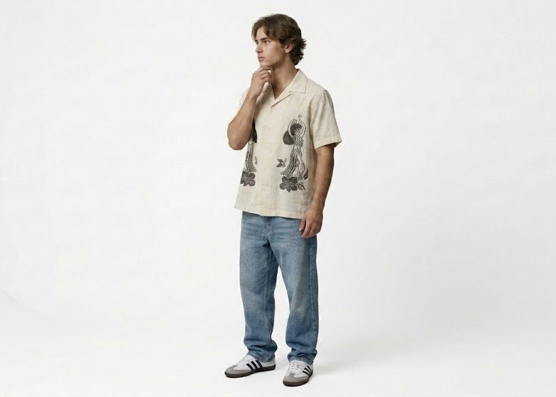"Aloha Sirens" Vintage Linen-Blend Camp Collar Boxy Shirt