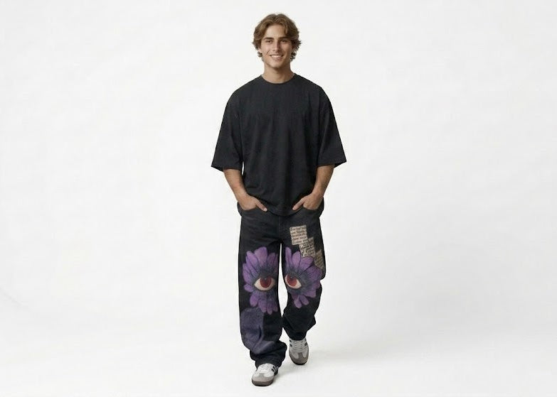 "Surreal Vision" Graphic Wide-Leg Relaxed Pants in Washed Black