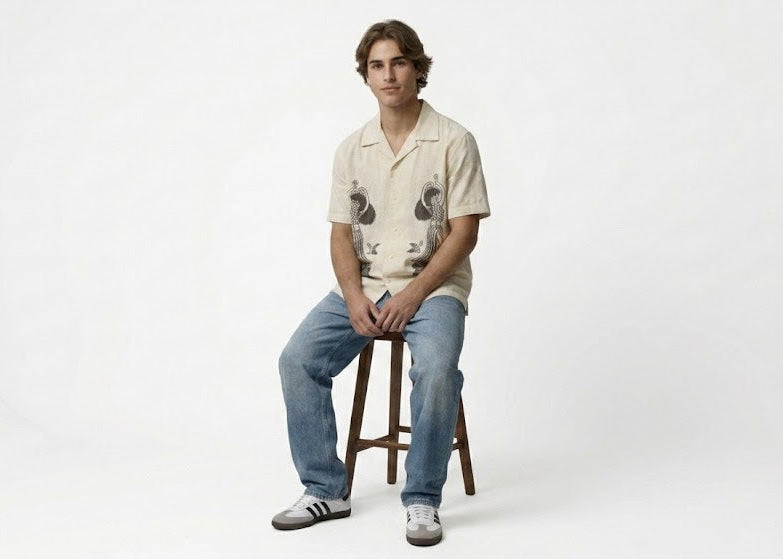 "Aloha Sirens" Vintage Linen-Blend Camp Collar Boxy Shirt