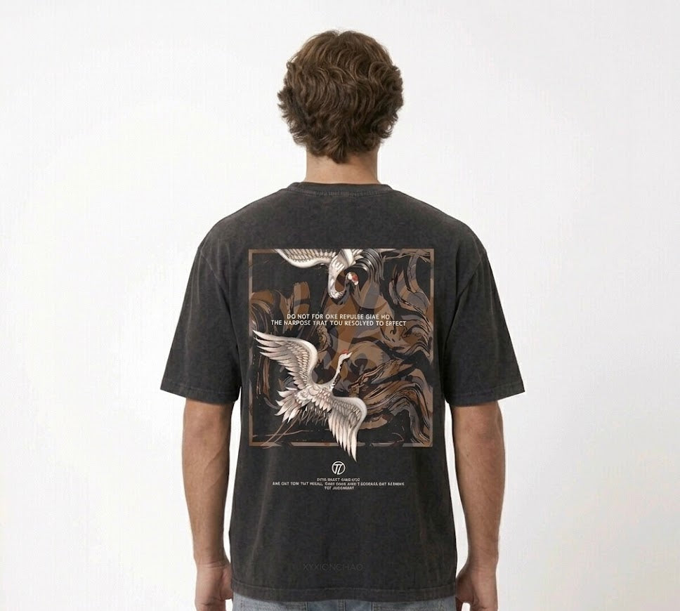 "Twin Cranes" Heavyweight Boxy Tee in Jet Black
