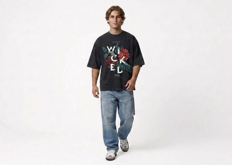 WICKED" Heavyweight Oversized Graphic Tee in Jet Black