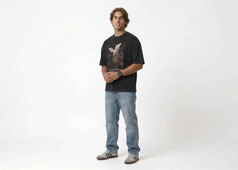 "Twin Cranes" Heavyweight Boxy Tee in Jet Black