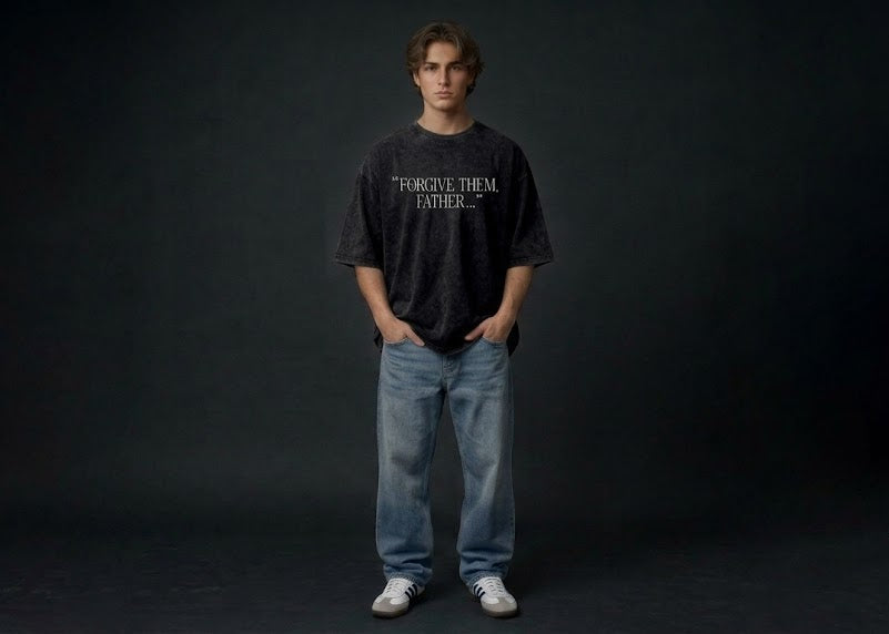 FORGIVE THEM FATHER" Acid Wash Heavyweight Oversized Tee