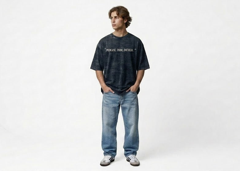 FORGIVE THEM FATHER" Acid Wash Heavyweight Oversized Tee