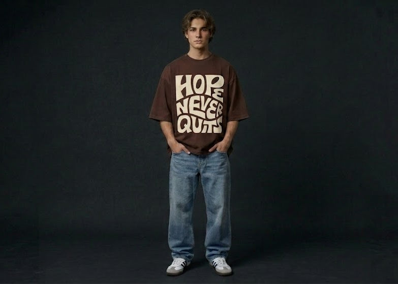 HOPE NEVER QUITS" Heavyweight Boxy Tee in Mocha Brown