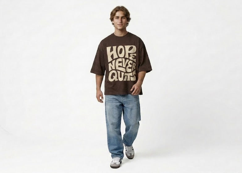 HOPE NEVER QUITS" Heavyweight Boxy Tee in Mocha Brown