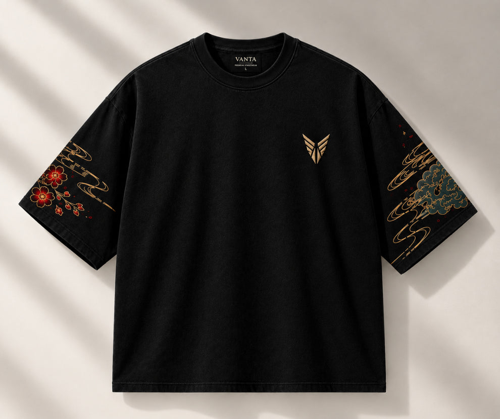 VANTA x FORGE "Kitsune Blossom" Heavyweight Boxy Tee in Jet Black