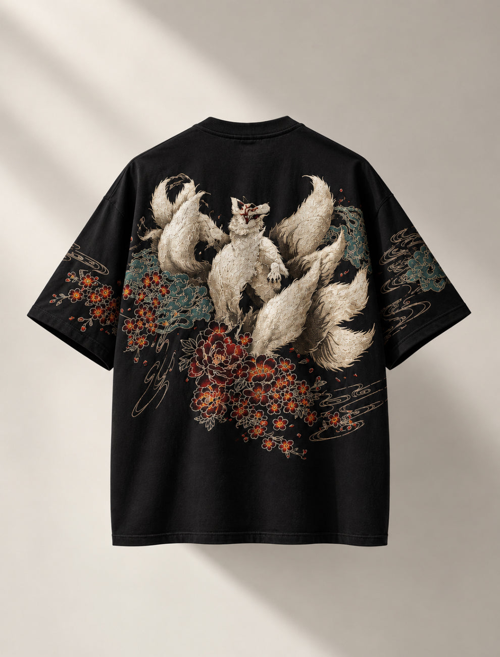 VANTA x FORGE "Kitsune Blossom" Heavyweight Boxy Tee in Jet Black