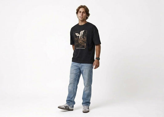 "Twin Cranes" Heavyweight Boxy Tee in Jet Black