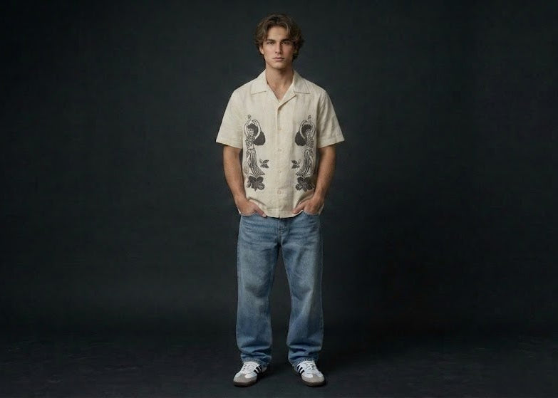 "Aloha Sirens" Vintage Linen-Blend Camp Collar Boxy Shirt