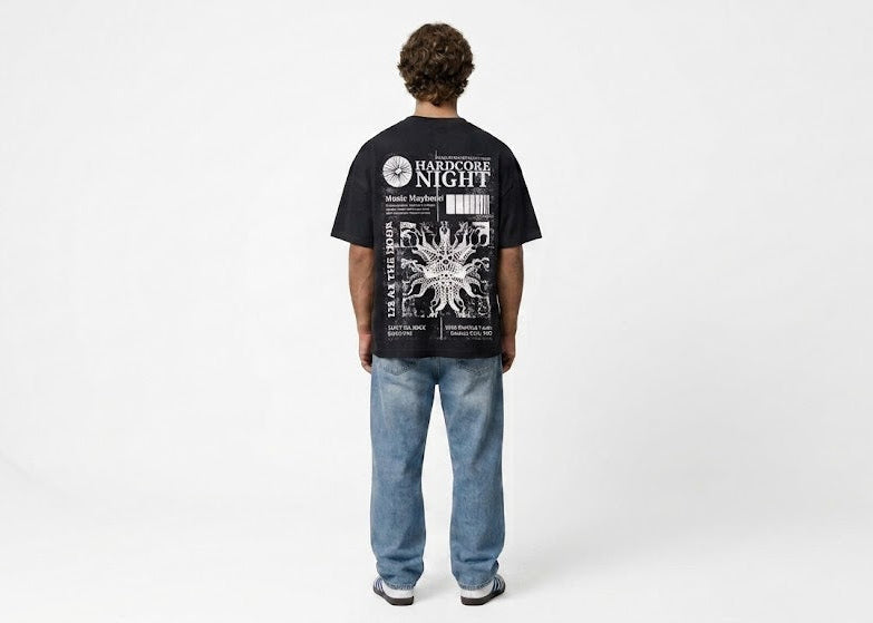 "HARDCORE NIGHT" Black Boxy-Fit Graphic Shirt