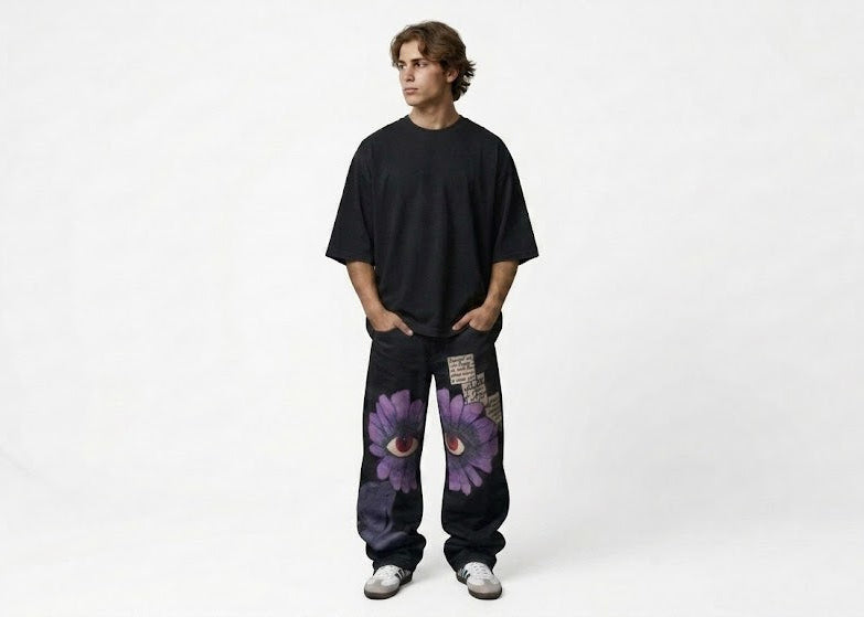 "Surreal Vision" Graphic Wide-Leg Relaxed Pants in Washed Black
