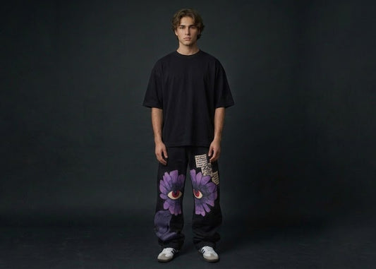 "Surreal Vision" Graphic Wide-Leg Relaxed Pants in Washed Black