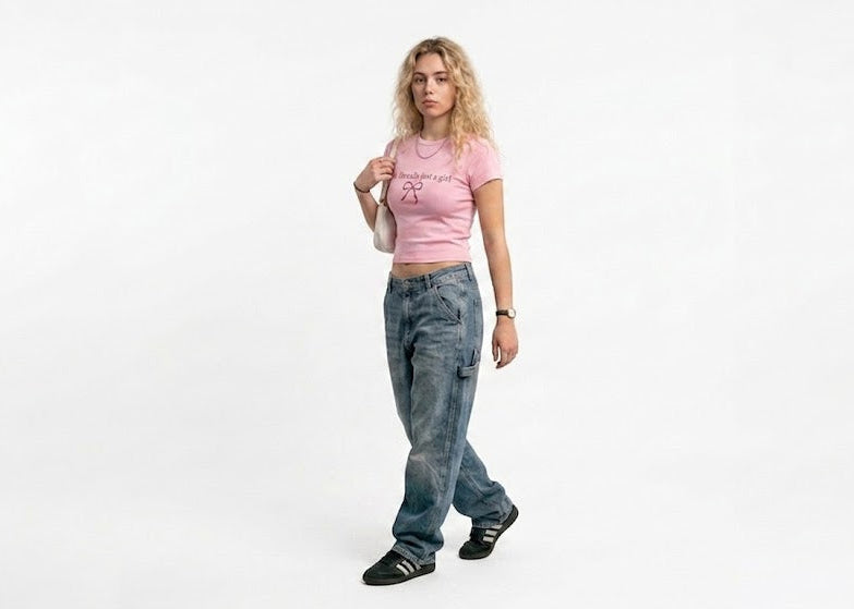 "Just A Girl" Ribbon Fitted Baby Tee in Candy Pink