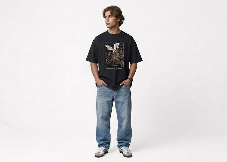 "Twin Cranes" Heavyweight Boxy Tee in Jet Black