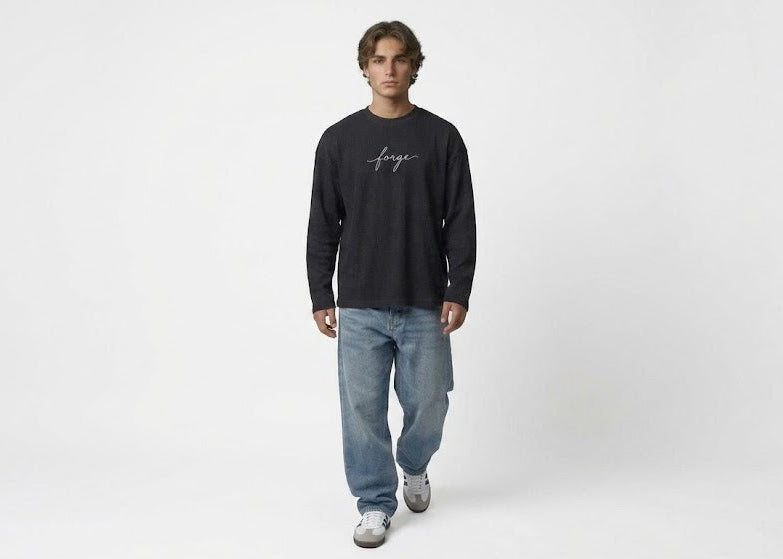 "DESTROYER" Heavyweight Boxy Long-Sleeve Tee in Washed Charcoal