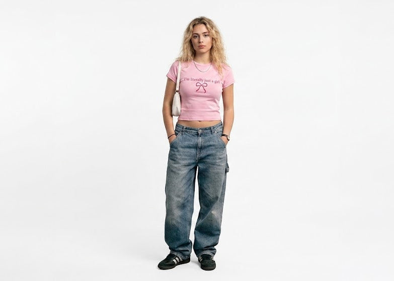 "Just A Girl" Ribbon Fitted Baby Tee in Candy Pink