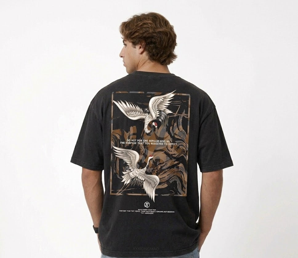 "Twin Cranes" Heavyweight Boxy Tee in Jet Black
