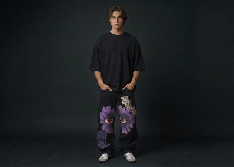 "Surreal Vision" Graphic Wide-Leg Relaxed Pants in Washed Black