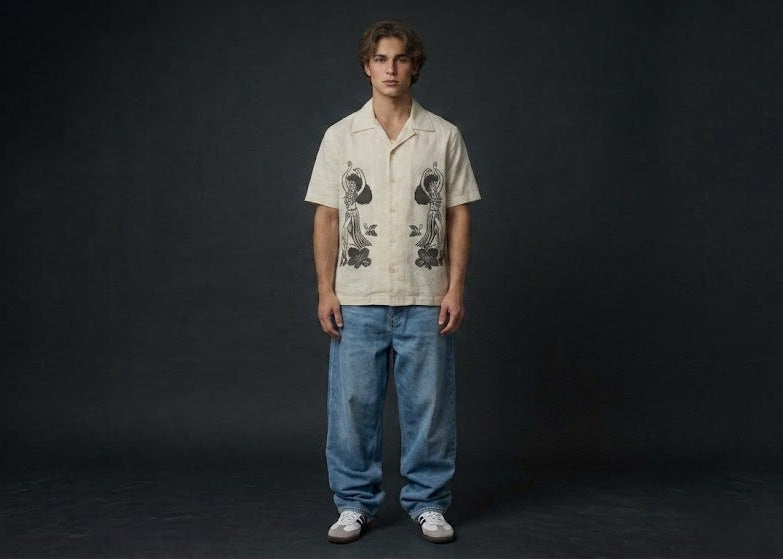 "Aloha Sirens" Vintage Linen-Blend Camp Collar Boxy Shirt