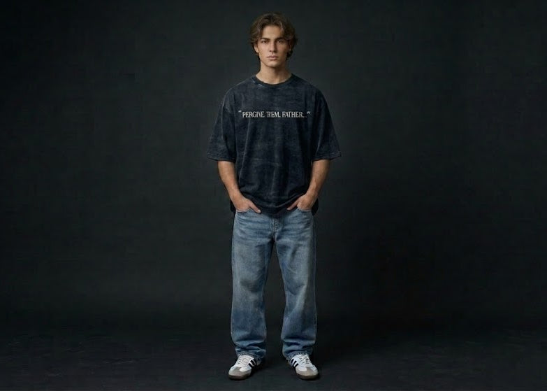 FORGIVE THEM FATHER" Acid Wash Heavyweight Oversized Tee
