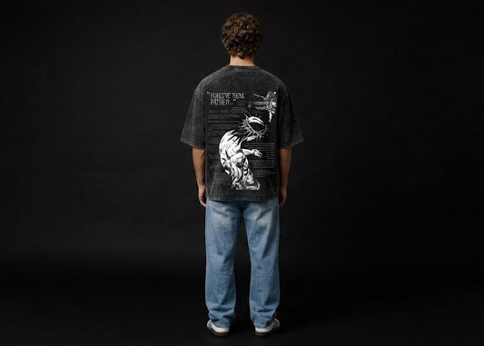 FORGIVE THEM FATHER" Acid Wash Heavyweight Oversized Tee