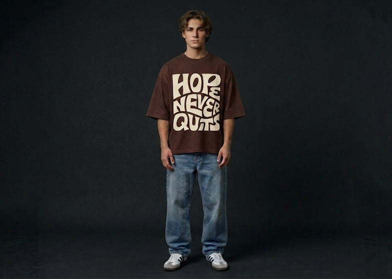 HOPE NEVER QUITS" Heavyweight Boxy Tee in Mocha Brown