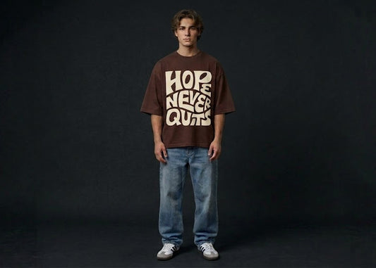 HOPE NEVER QUITS" Heavyweight Boxy Tee in Mocha Brown