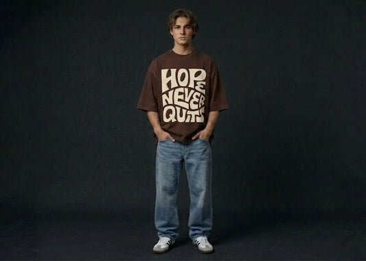 HOPE NEVER QUITS" Heavyweight Boxy Tee in Mocha Brown