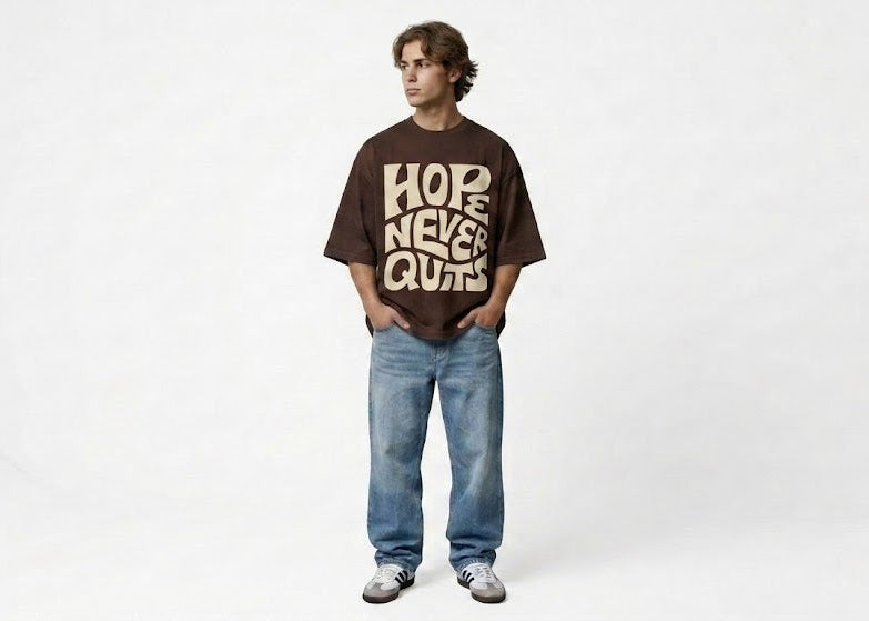 HOPE NEVER QUITS" Heavyweight Boxy Tee in Mocha Brown