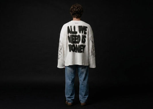 "ALL WE NEED IS MONEY" Heavyweight Waffle Long-Sleeve Cropped Tee