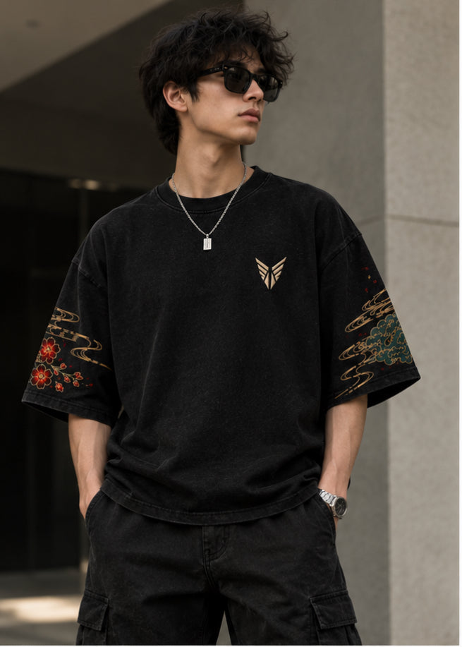 VANTA x FORGE "Kitsune Blossom" Heavyweight Boxy Tee in Jet Black
